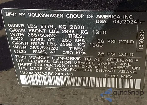 2024 Volkswagen Atlas Cross Sport 2.0T Sel R-Line z USA, uszkodzony, nr VIN 1V2AE2CA2RC241784